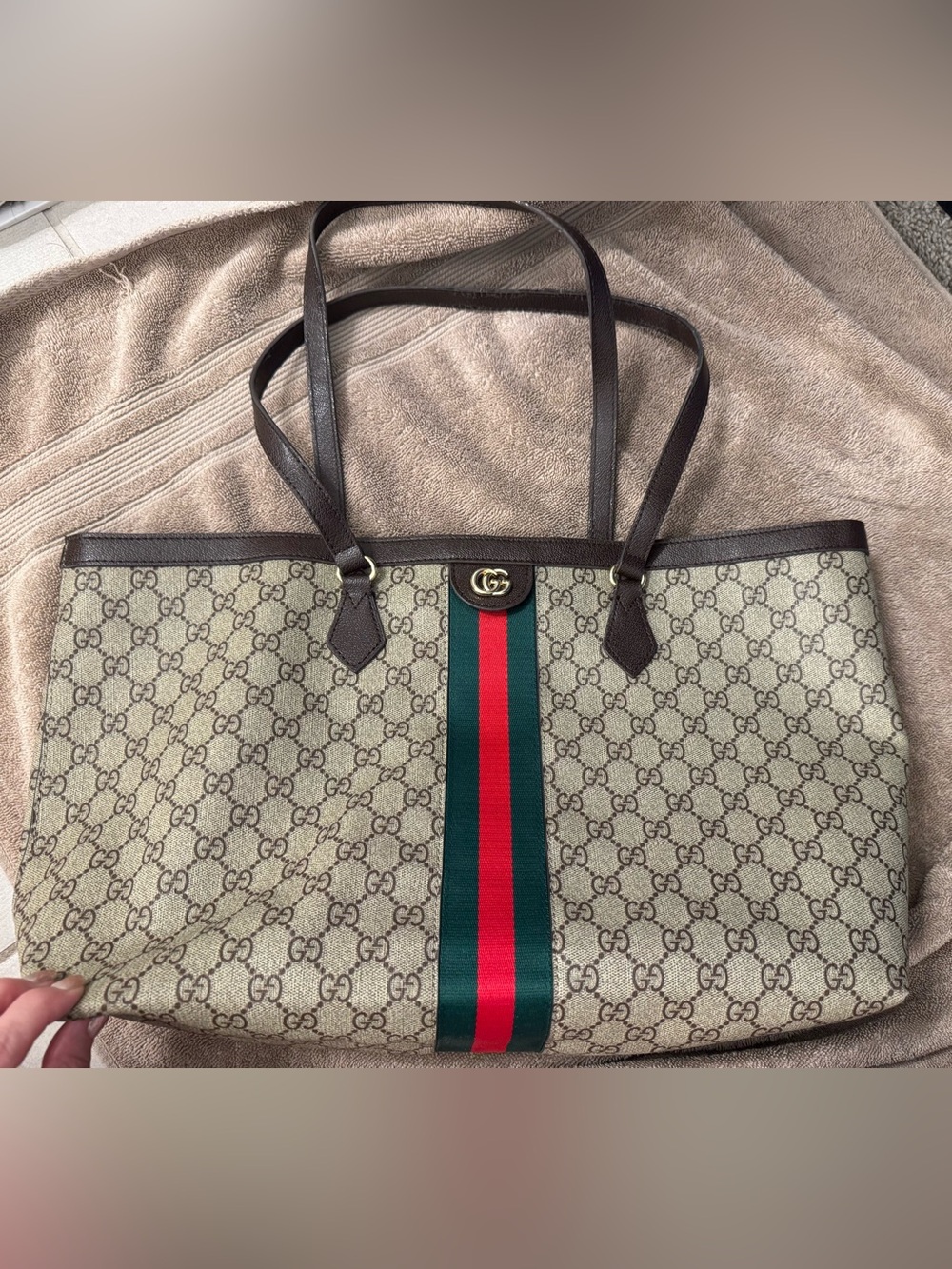 Designer Inspired Beige Supreme Purse (Bag) w/ Green & Red Web Stripe - Signatur - Picture 2 of 10